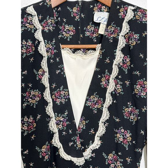 VTG SL Petites 80s Prairie Dress 8 Black Cream Floral Lace Coquette Cottagecore - Picture 8 of 16